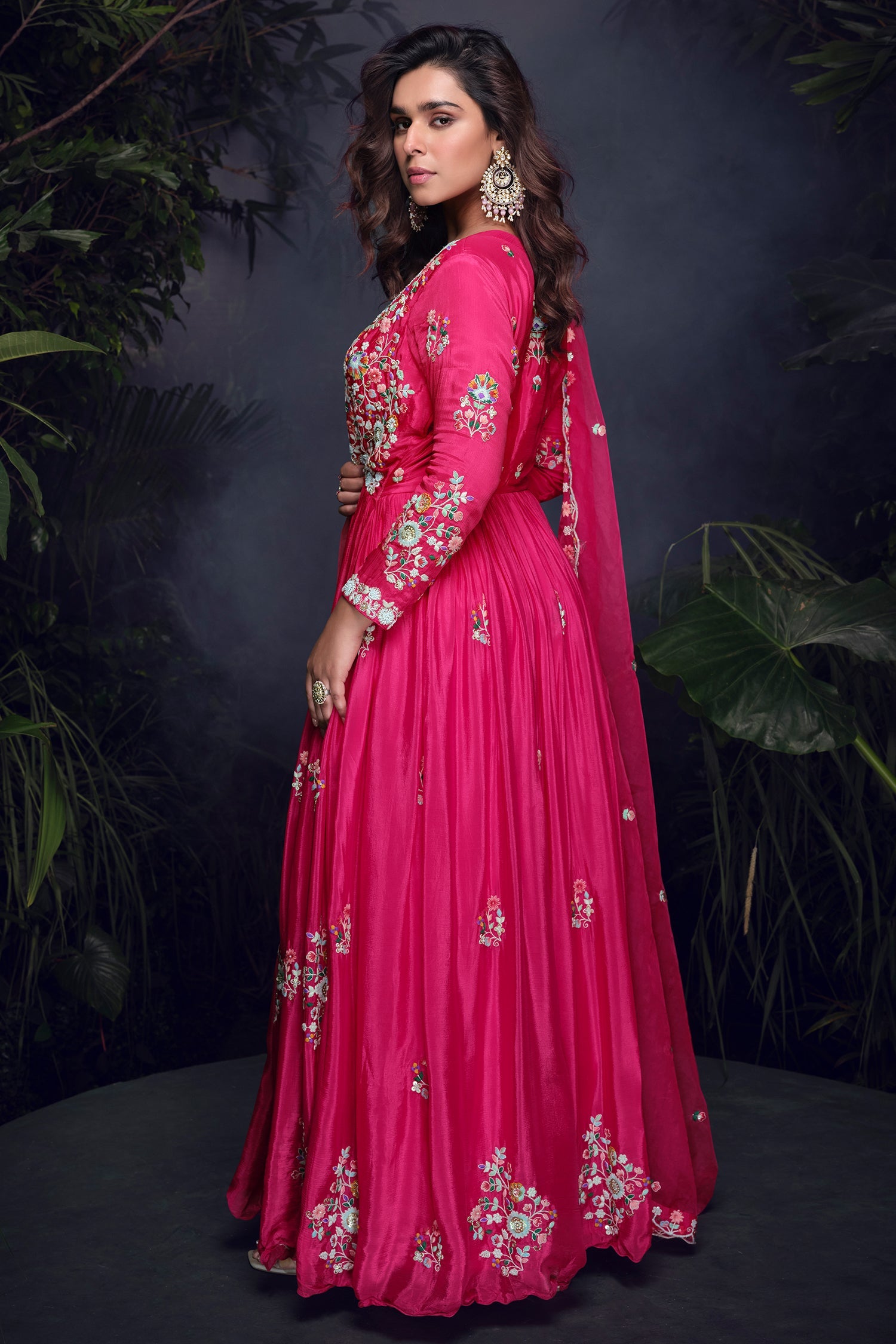 Pink Chinon Thread Embroidered Bodice Anarkali Suit - red saree embroidered