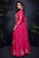 Pink Chinon Thread Embroidered Bodice Anarkali Suit - red saree embroidered