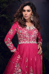 Pink Chinon Thread Embroidered Bodice Anarkali Suit - red saree embroidered