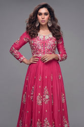 Pink Chinon Thread Embroidered Bodice Anarkali Suit - red saree embroidered