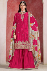 Dark Pink Chinon Silk Embroidered Sharara Suit