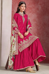Dark Pink Chinon Silk Embroidered Sharara Suit