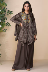 Brown Chinon Silk Embroidered Poncho Style Top with Palazzo