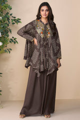 Brown Chinon Silk Embroidered Poncho Style Top with Palazzo