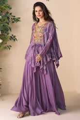 Purple Chinon Silk Embroidered Poncho Style Top with Palazzo