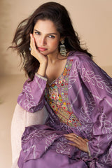 Purple Chinon Silk Embroidered Poncho Style Top with Palazzo