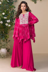 Dark Pink Chinon Silk Embroidered Poncho Style Top with Palazzo
