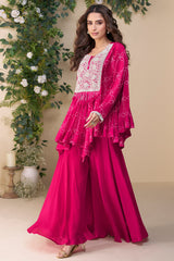 Dark Pink Chinon Silk Embroidered Poncho Style Top with Palazzo