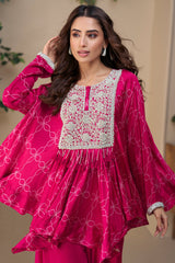 Dark Pink Chinon Silk Embroidered Poncho Style Top with Palazzo
