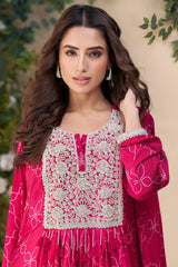 Dark Pink Chinon Silk Embroidered Poncho Style Top with Palazzo