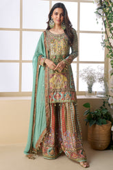 Multi Color and Light Blue Crepe Viscose Embroidered Sharara Suit