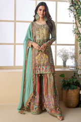 Multi Color and Light Blue Crepe Viscose Embroidered Sharara Suit