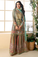 Multi Color and Light Blue Crepe Viscose Embroidered Sharara Suit
