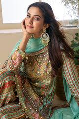 Multi Color and Light Blue Crepe Viscose Embroidered Sharara Suit