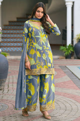 Grey Chinon Printed Palazzo Suit with Embroidery