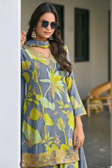 Grey Chinon Printed Palazzo Suit with Embroidery