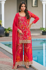 Magenta Chinon Printed Palazzo Suit with Embroidery