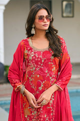 Magenta Chinon Printed Palazzo Suit with Embroidery