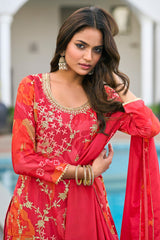 Magenta Chinon Printed Palazzo Suit with Embroidery