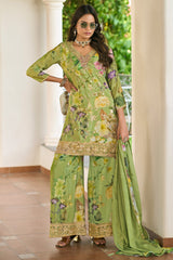 Light Green Chinon Printed Palazzo Suit with Embroidery