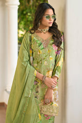 Light Green Chinon Printed Palazzo Suit with Embroidery