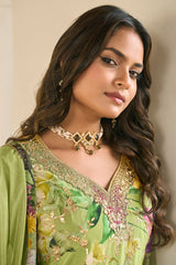 Light Green Chinon Printed Palazzo Suit with Embroidery