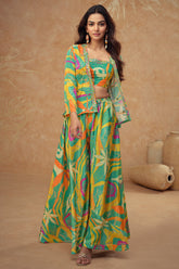 Green Chinon Silk Crop Top with Printed Palazzo and Short Jacket