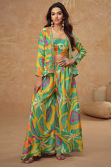 Green Chinon Silk Crop Top with Printed Palazzo and Short Jacket