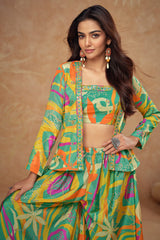 Green Chinon Silk Crop Top with Printed Palazzo and Short Jacket