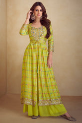 Lime Green Chinon Silk Crop Top with Printed Palazzo and Jacket