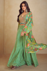 Moss Green Chinon Silk Crop Top with Printed Palazzo and Jacket