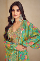 Moss Green Chinon Silk Crop Top with Printed Palazzo and Jacket