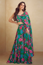 Dark Green Chinon Silk Printed Suit with One Shoulder Long Cape Sleeve