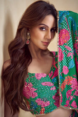 Dark Green Chinon Silk Printed Suit with One Shoulder Long Cape Sleeve