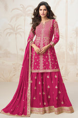 Pink Chinon Silk Sequin Embroidered Palazzo Suit