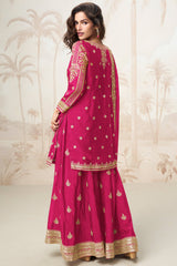 Pink Chinon Silk Sequin Embroidered Palazzo Suit