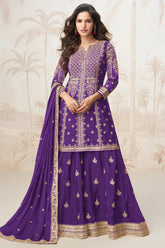 Purple Chinon Silk Sequin Embroidered Palazzo Suit