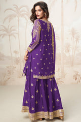 Purple Chinon Silk Sequin Embroidered Palazzo Suit