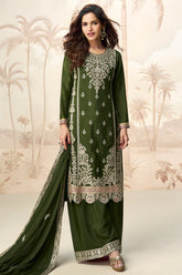 Dark Green Chinon Embroidered and Sequin Work Palazzo Suit