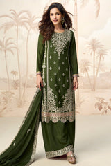 Dark Green Chinon Embroidered and Sequin Work Palazzo Suit