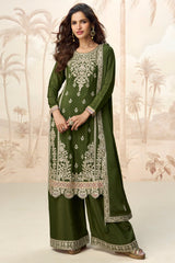 Dark Green Chinon Embroidered and Sequin Work Palazzo Suit