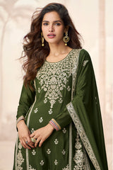 Dark Green Chinon Embroidered and Sequin Work Palazzo Suit