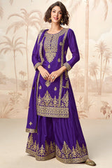 Purple Chinon Sequin Embroidered Palazzo Suit
