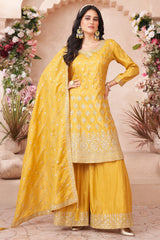 Yellow Art Silk Sequin and Embroidered Palazzo Suit