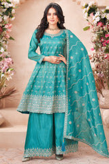 Turquoise Blue Art Silk Sequin Embroidered Palazzo Suit
