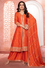 Rust Orange Art Silk Slit Cut Palazzo Suit