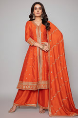 Rust Orange Art Silk Slit Cut Palazzo Suit