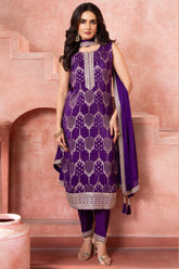Purple Art Silk Woven Straight Cut Suit with Sequin and Embroidery Work