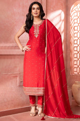 Red Art Silk Sequin and Embroidered Straight Cut Suit