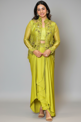Olive Green Raw Silk Designer Heavy Worked Crop Top Jacket with Pleated Dhoti Skirt - green silk saree